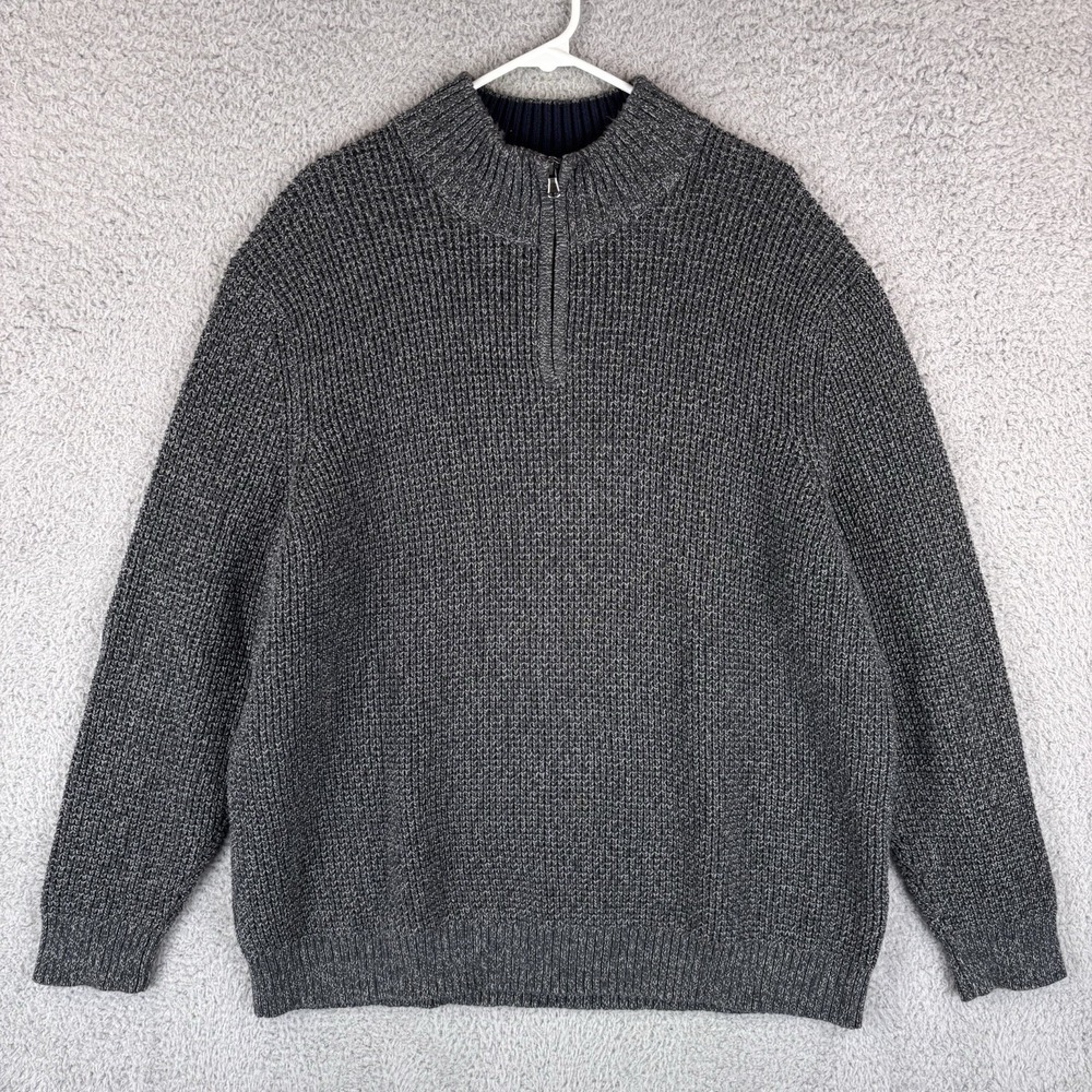 Lands' End Drifter Men's Quarter Zip Sweater Mens 2XL Heather Navy Cotton Knit